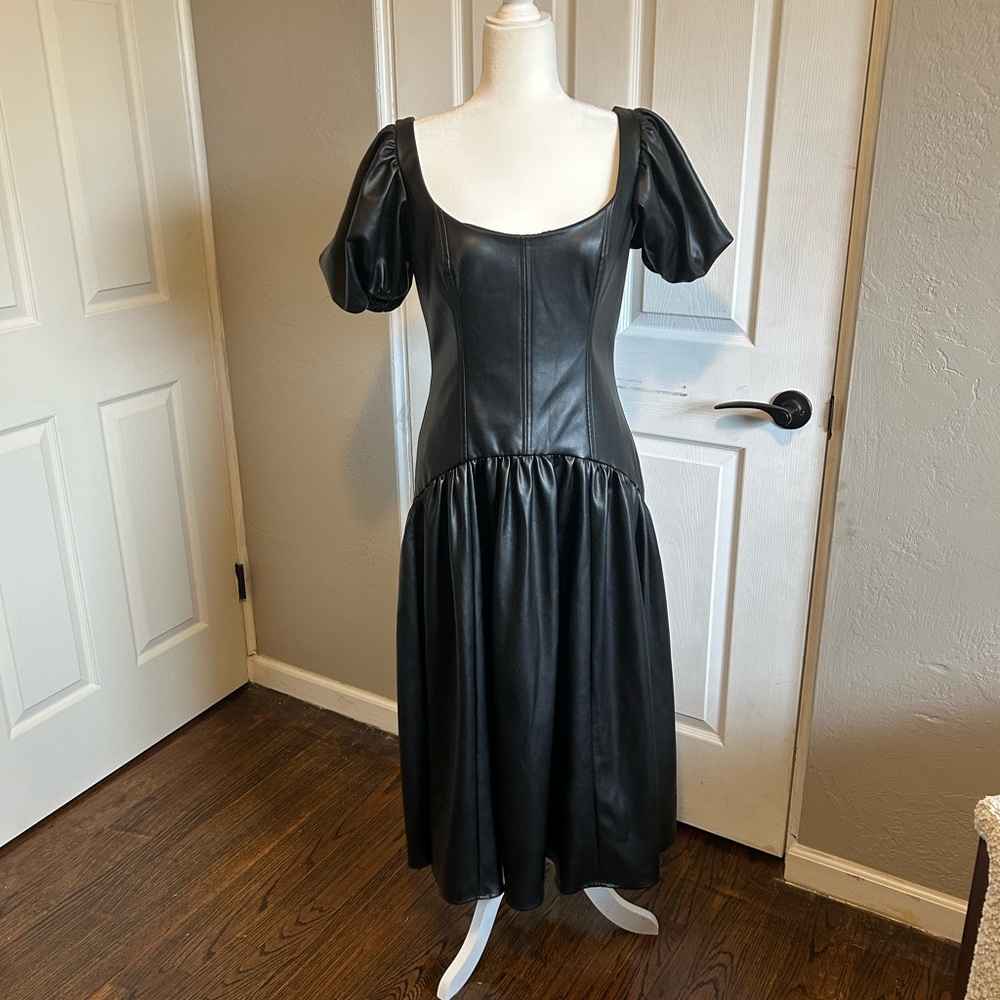 Anthropologie Hutch Black faux vegan leather drop waist Puff Sleeve Midi Dress - Picture 6 of 9